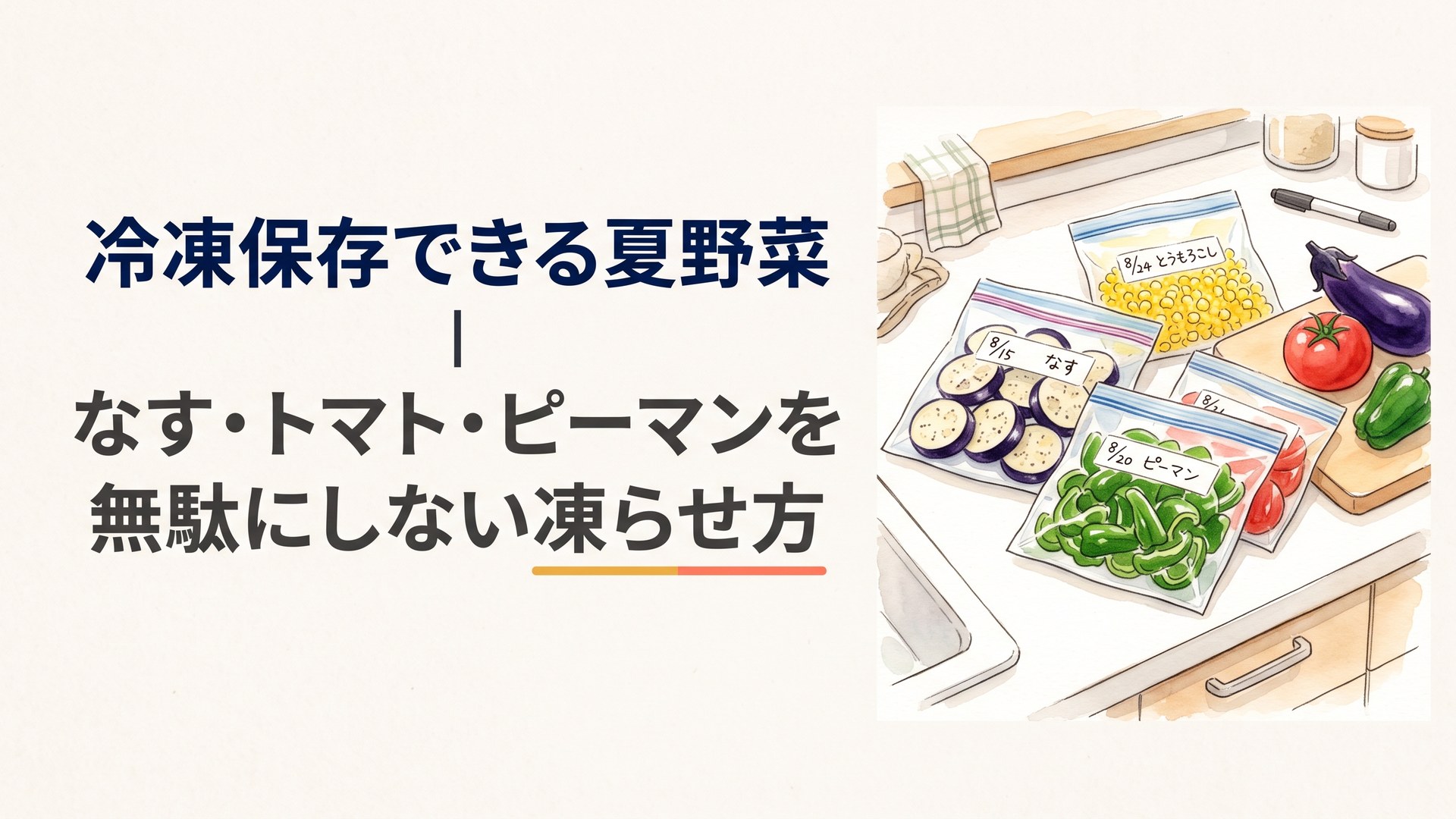 キッチンの作業台に、冷凍用保存袋に入ったなすの輪切り・丸ごとトマト・細切りピーマン・とうもろこしの実が並び、袋に日付が書かれているシーン