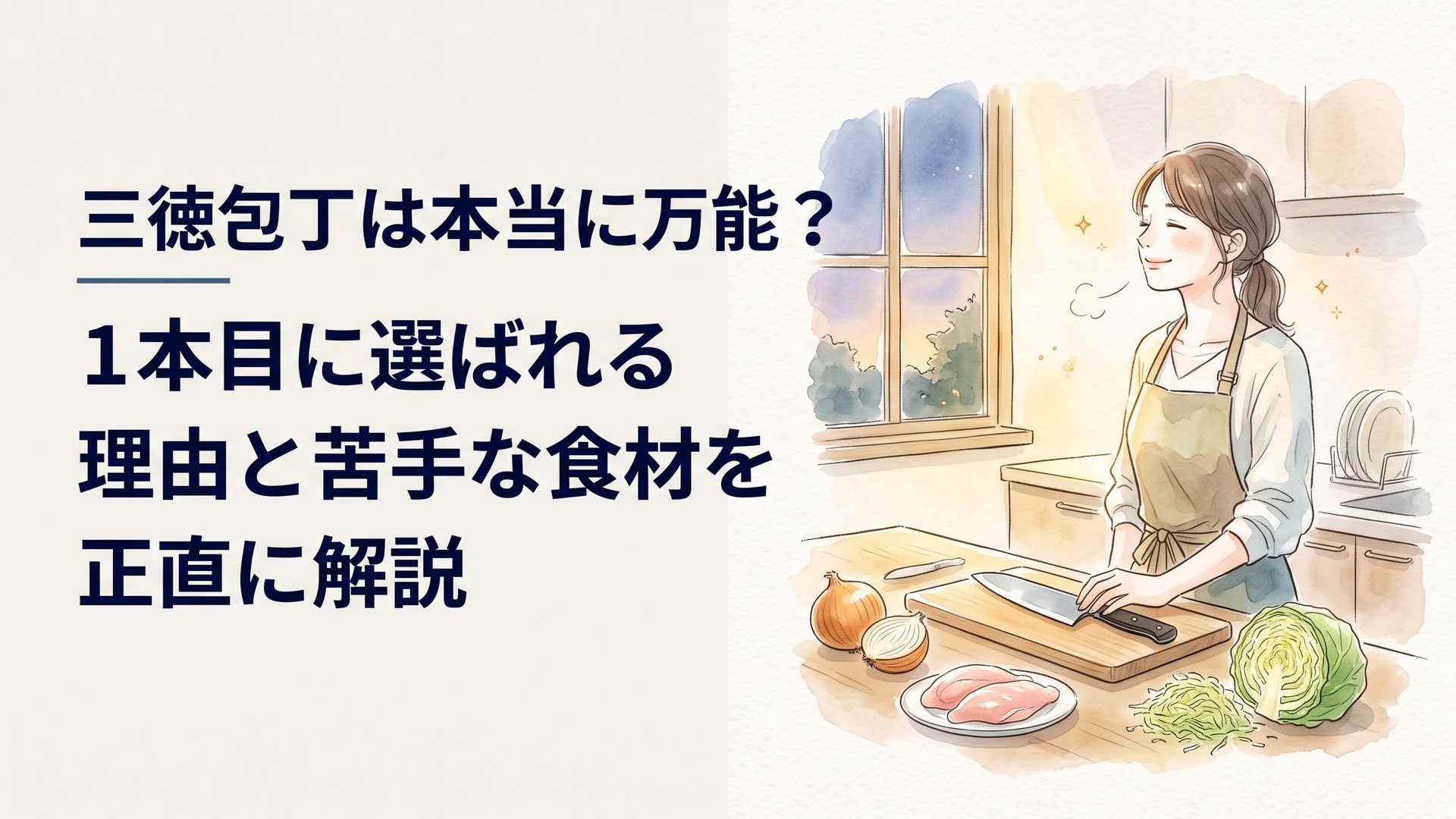 仕事帰りの夕方、狭いキッチンのまな板の上に三徳包丁と玉ねぎ・鶏肉・キャベツが並び、女性がほっと一息ついている場面