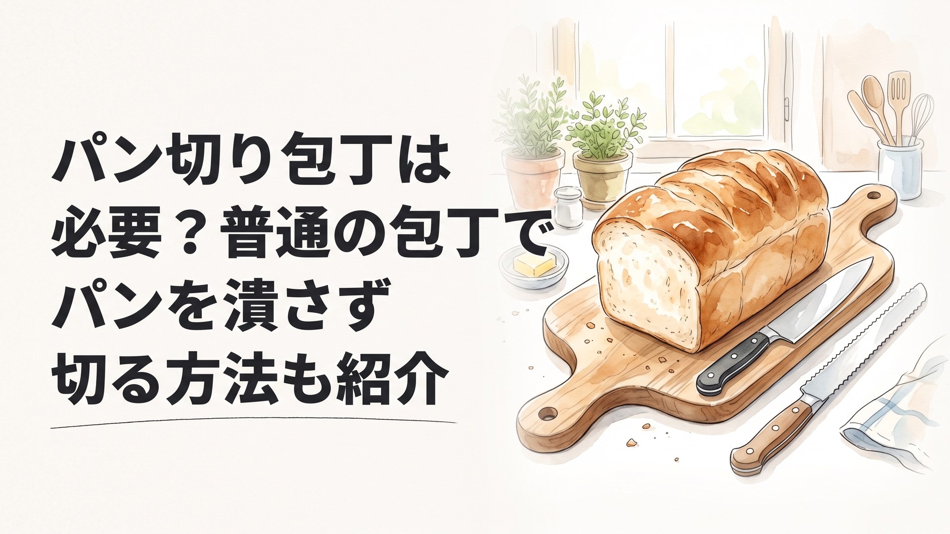 朝のキッチンで、まな板の上の食パン1斤と普通の包丁・パン切り包丁が並んでいる様子
