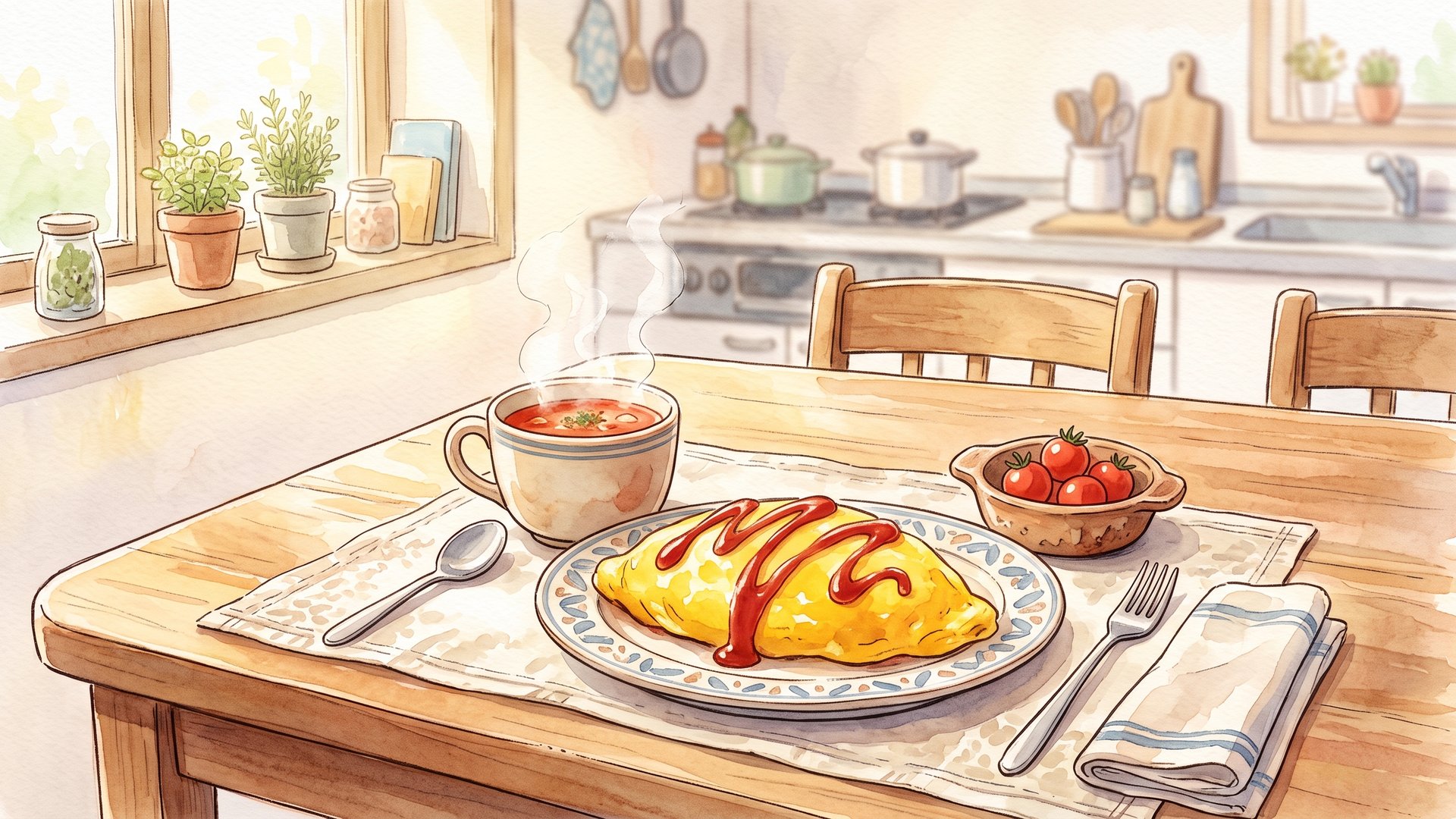 オムライスとトマトスープ、ミニトマトを並べた食卓。奥のキッチンには鍋がかかっている