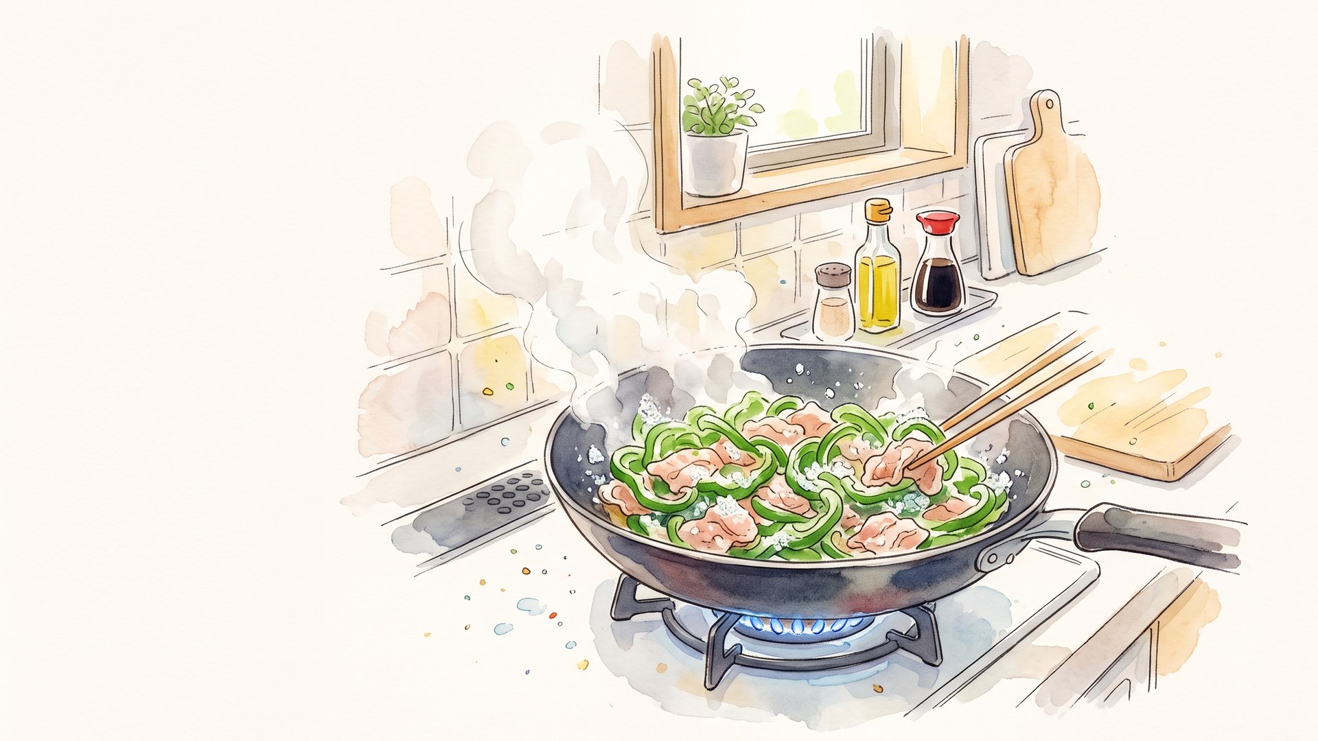 フライパンの上で、冷凍した細切りピーマンと豚肉を凍ったまま炒めている湯気の立つシーン