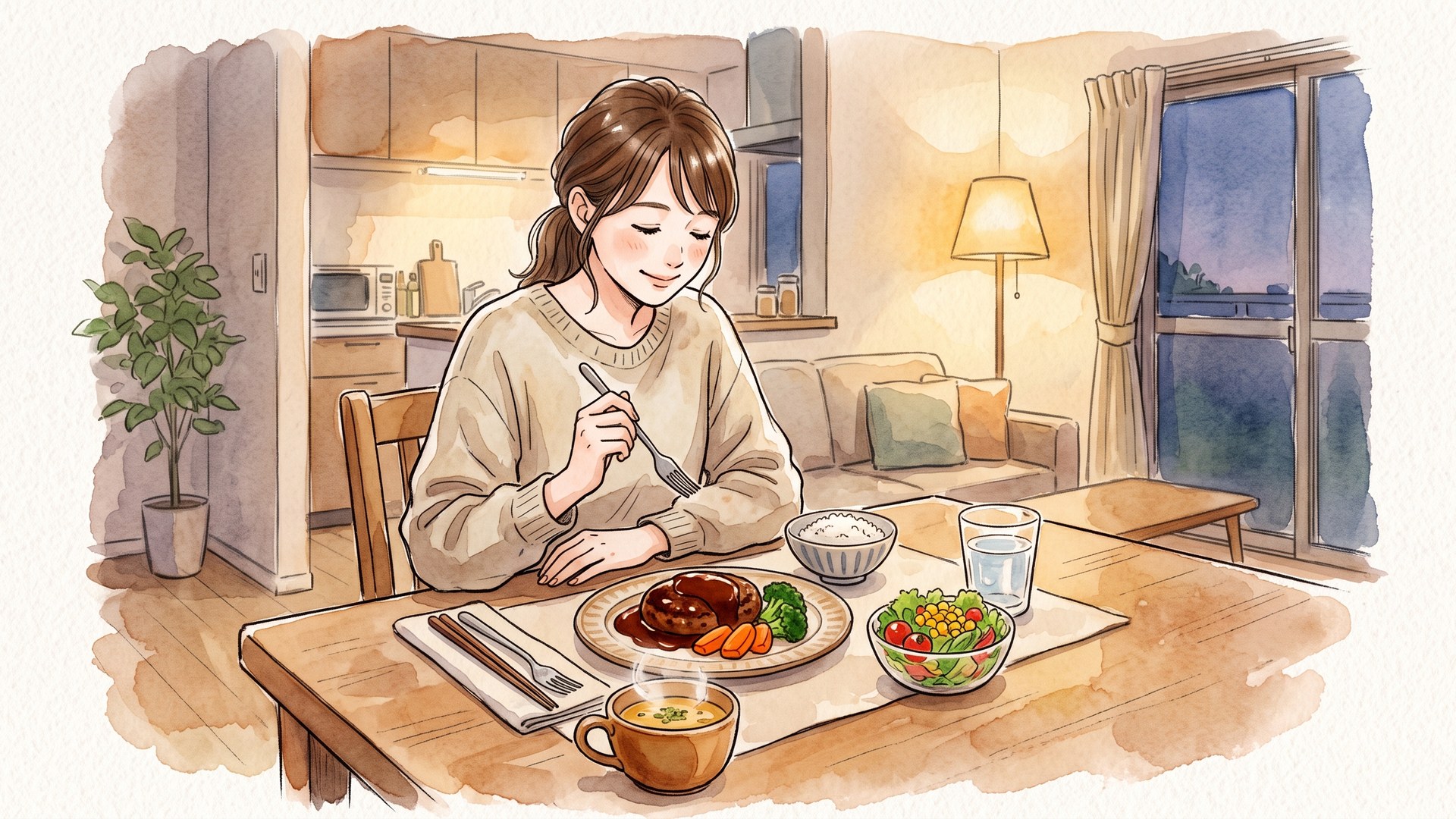 夜のリビングでハンバーグとごはん、サラダ、コーンスープの食卓に向かっている女性
