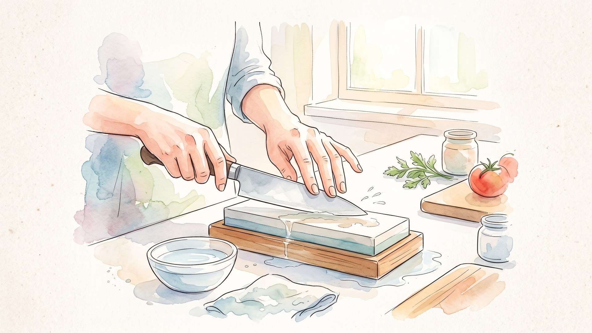 明るいキッチンで、砥石に当てた包丁を両手で支えながら研いでいる手元